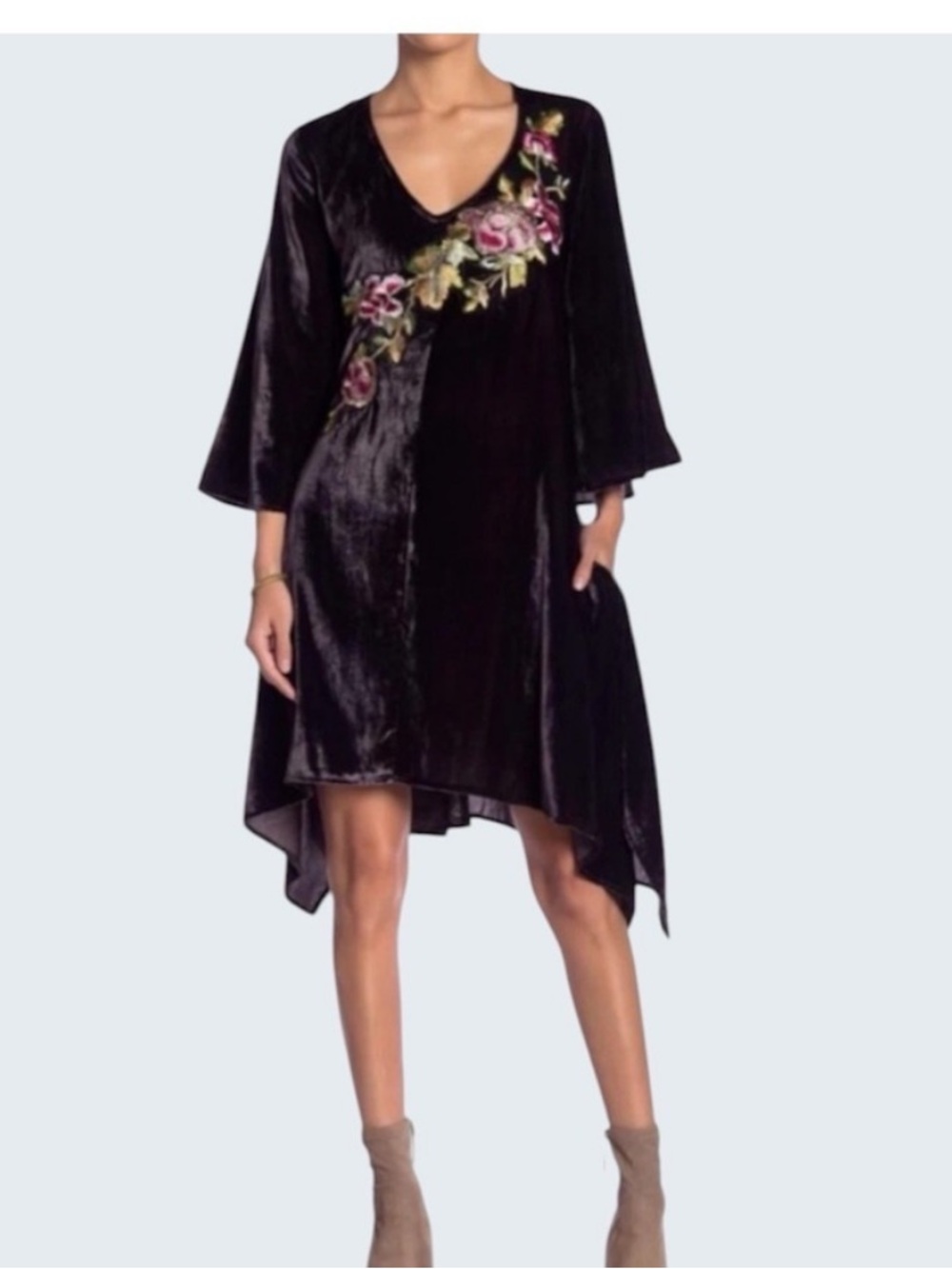 Aratta Velvet Shift Dress with Bell Sleeves and Floral Embroidery - Eggplant